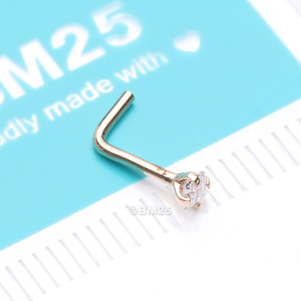 14 Karat Gold Prong Set Princess Cut Gem Top L-Shaped Nose Ring